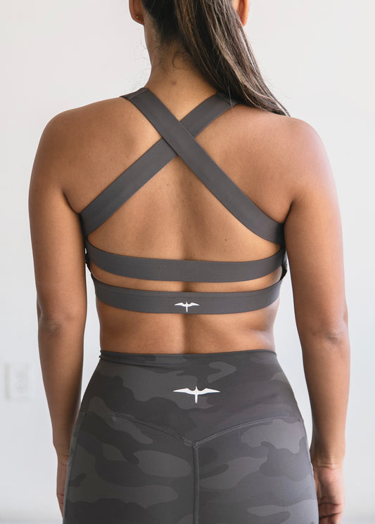 The ALETHEA Color-block Sports Bra - HEʻE CAMO x STONE