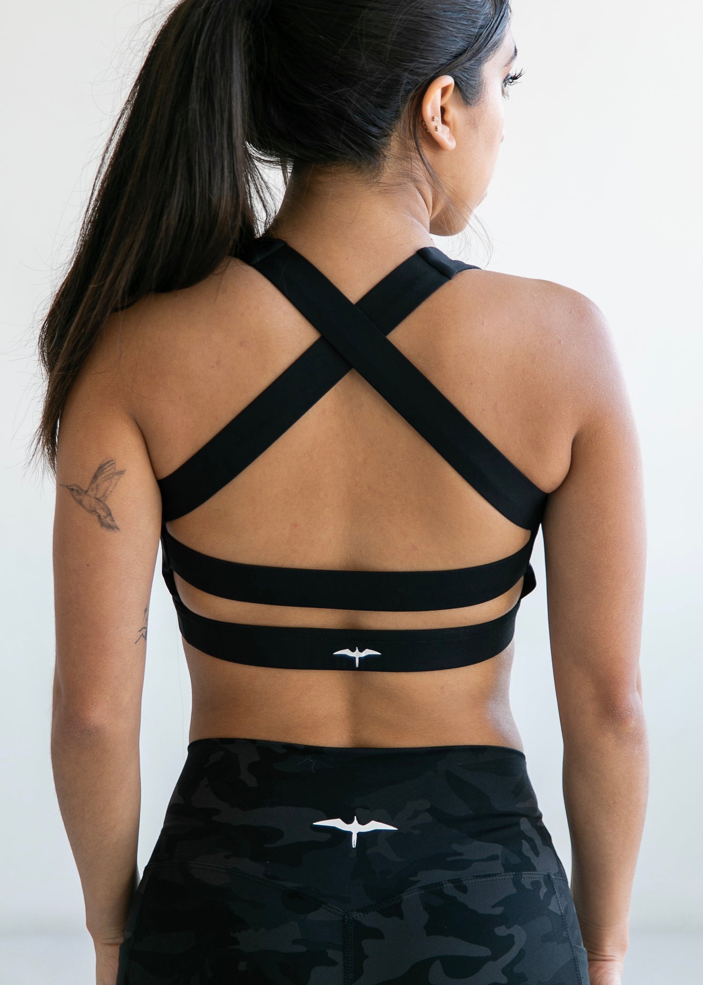 The ALETHEA Color-block Sports Bra - LAVA ROCK CAMO x IWA BLACK